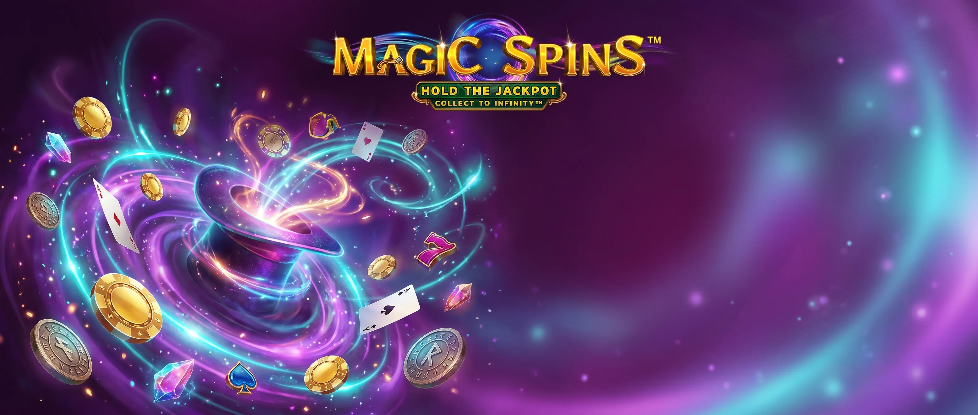 Univers Magical Spin : chapeau de magicien, cartes et pièces dans un décor violet